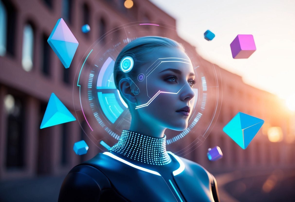 A futuristic AI headshot generator with colorful digital interface and floating geometric shapes